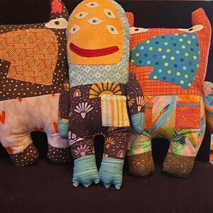 Handmade Patchwork Fabric Stuffed Plush Dolls & Animals Lot Set